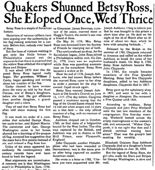 An article about Betsy Ross, Daily Record newspaper 22 June 1976