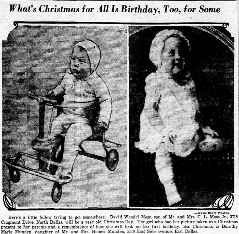 An article about Christmas Day birthdays, Dallas Morning News newspaper 24 December 1930