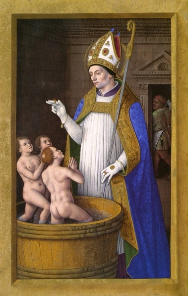 Illustration: Saint Nicholas resurrecting the three butchered children, from the book “Grandes Heures d’Anne de Bretagne”; painted by Jean Bourdichon (created between 1503 and 1508). Credit: Wikimedia Commons.