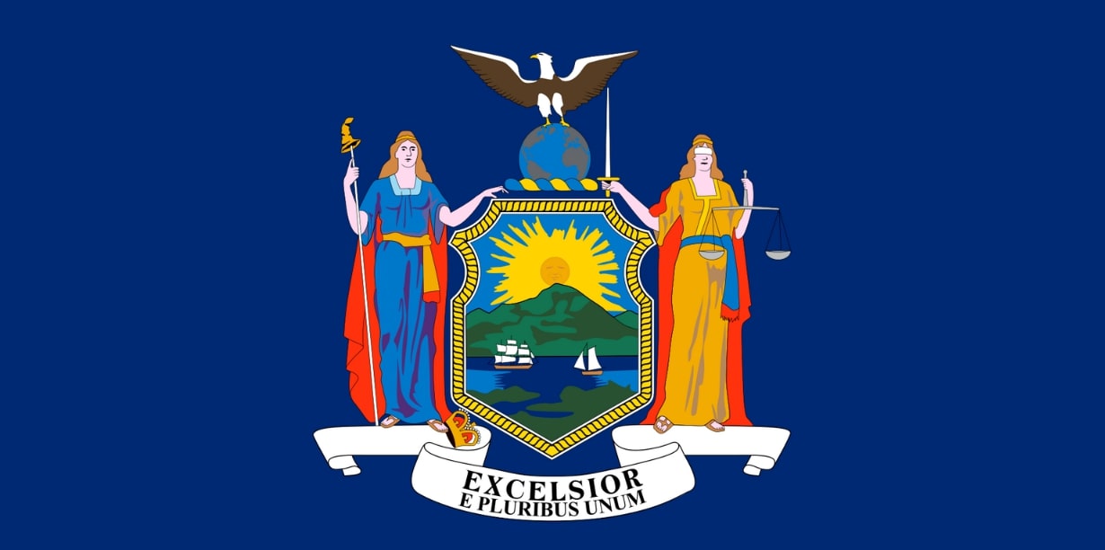 Illustration: New York state flag. Credit: Wikimedia Commons.