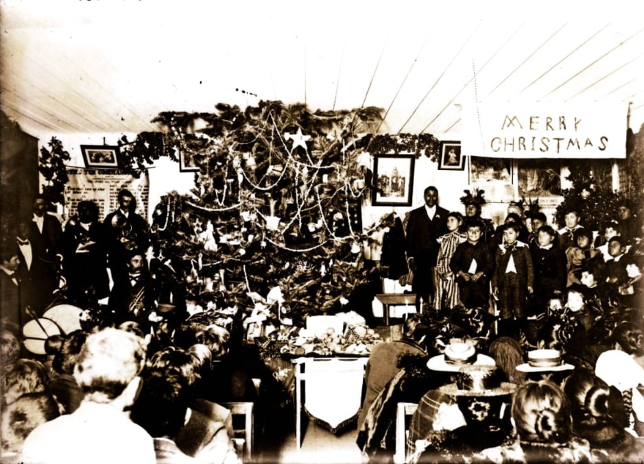 Photo: Christmas celebration at the Mechoopdia Indian Church. Credit: Clifford Sanborn; Meriam Library, California State University, Chico.