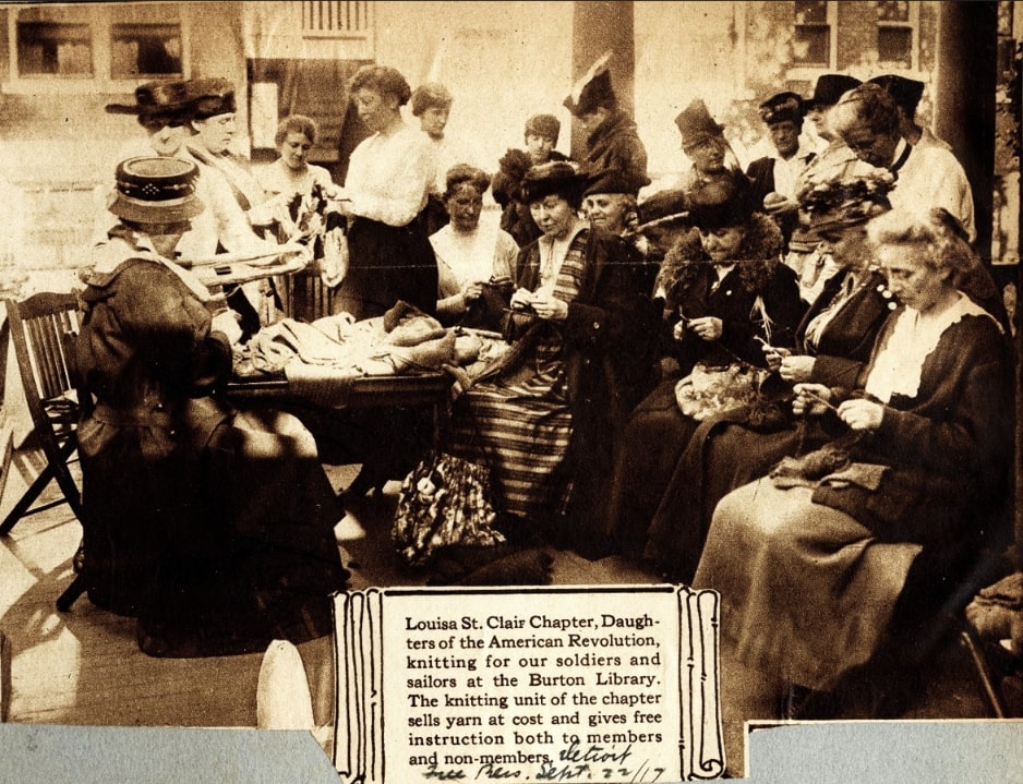 Photo: National Society Daughters of the American Revolution members knitting for WWI soldiers and sailors. Credit: National Society Daughters of the American Revolution.