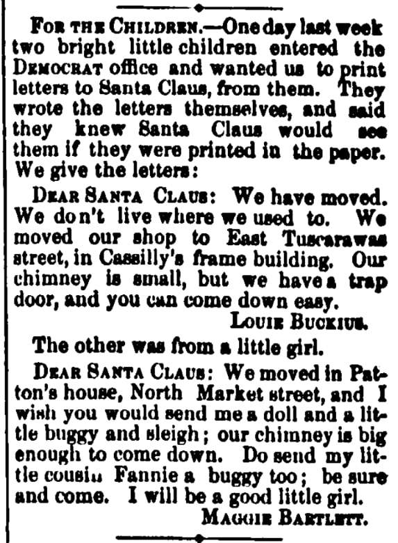 An article about Santa Claus, Stark County Democrat newspaper 24 December 1874