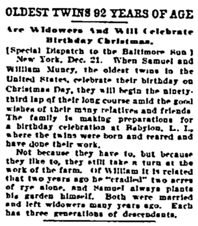 An article about Christmas Day birthdays, Sun newspaper 22 December 1910