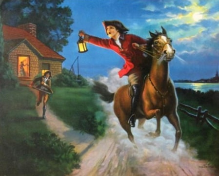 Illustration: “Midnight Ride of Paul Revere,” by Edward Mason Eggleston, 1933. Credit: WorthPoint; Wikimedia Commons.