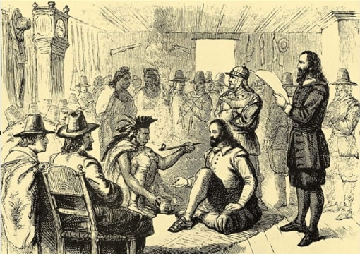 Illustration: Ousamequin, or “Massasoit” (Wampanoag term for “Great Sachem”) and Governor John Carver smoking a ceremonial pipe at Plymouth Colony in 1621. Credit: Sutro Library; Wikimedia Commons.