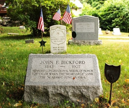 Photo: two markers at the gravesite of John Fairfield Bickford Jr., Mount Pleasant Cemetery, Gloucester, Massachusetts. Credit: Mike Duchaney.