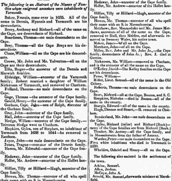 An article about the first settlers of Yarmouth, Massachusetts, (part 1), Barnstable Patriot newspaper 1 August 1854