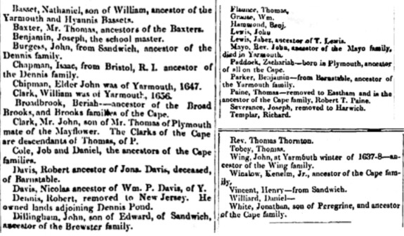 An article about the first settlers of Yarmouth, Massachusetts, (part 2), Barnstable Patriot newspaper 1 August 1854