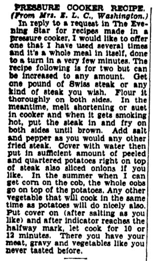 A steak recipe, Evening Star newspaper 22 January 1946