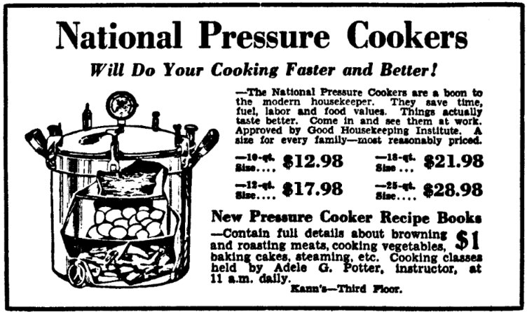 An ad for pressure cookers, Evening Star newspaper 2 April 1930