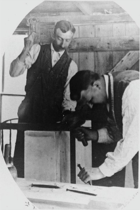 Photo: Robert C. Baker (left) and Harvey Jenks in Jenks’ shop. Credit: Jennifer (Koehler) Mackall.