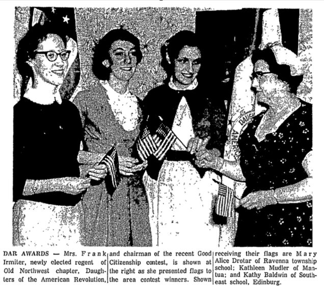 An article about awards presented during a DAR celebration of Washington's birthday, Record-Courier newspaper, 23 February 1957