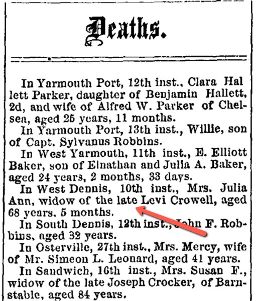 An article about Julia Crowell, Barnstable Patriot newspaper 22 October 1872