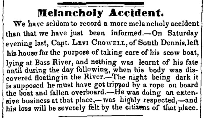 An article about Levi Crowell, Barnstable Patriot newspaper 10 November 1836