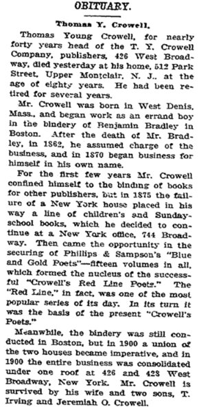 An article about Thomas Crowell, Evening Post newspaper 30 July 1915
