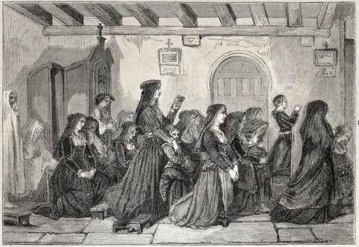Illustration: an engraving of nuns attending Mass. Credit: https://depositphotos.com/home.html
