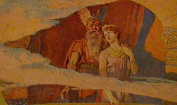 Illustration: Odin and Frea look down from their window in the heavens to the Winnili women, in an illustration by Emil Doepler, 1905. Credit: Wikimedia Commons.