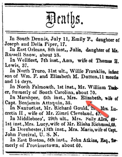 An article about Elizabeth Attaquin, Barnstable Patriot newspaper 15 September 1857