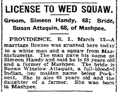 An article about the Handy-Attaquin wedding, Boston Herald newspaper 14 March 1908