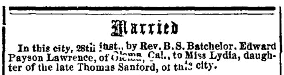 Lawrence-Sanford wedding notice, Evening Standard newspaper 29 November 1867