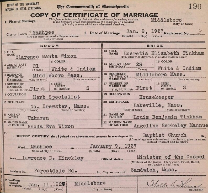 Photo: Wixon-Tinkham certificate of marriage, 9 January 1927. Credit: Boston Public Library.