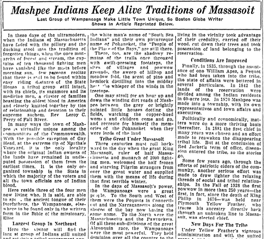 An article about the Mashpee Wampanoags, Quincy Patriot Ledger newspaper 18 August 1930