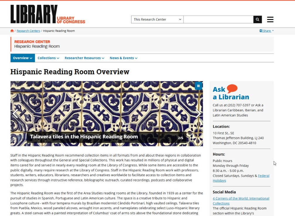 Photo: Hispanic Reading Room Overview webpage. Credit: Library of Congress.