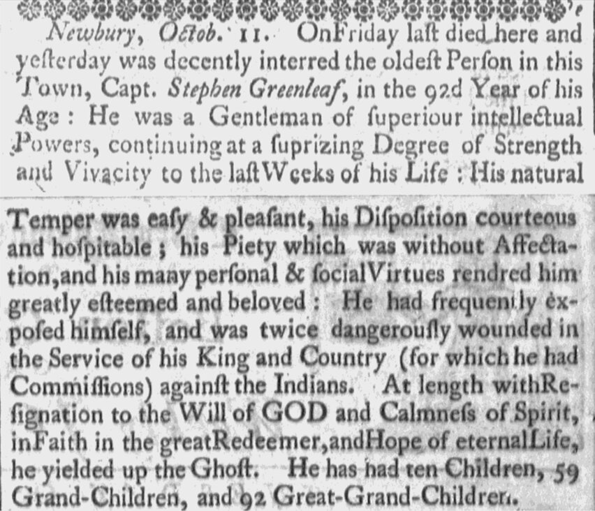 An obituary for Stephen Greenleaf's obituary, Boston Gazette newspaper 18 October 1743