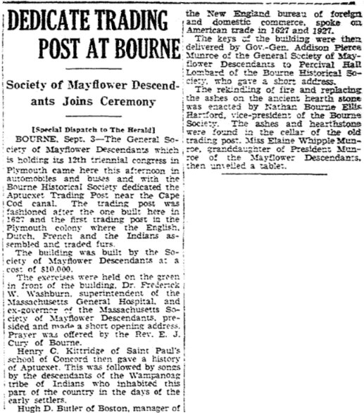An article about the Aptucxet Trading Post, Boston Herald newspaper 4 September 1930