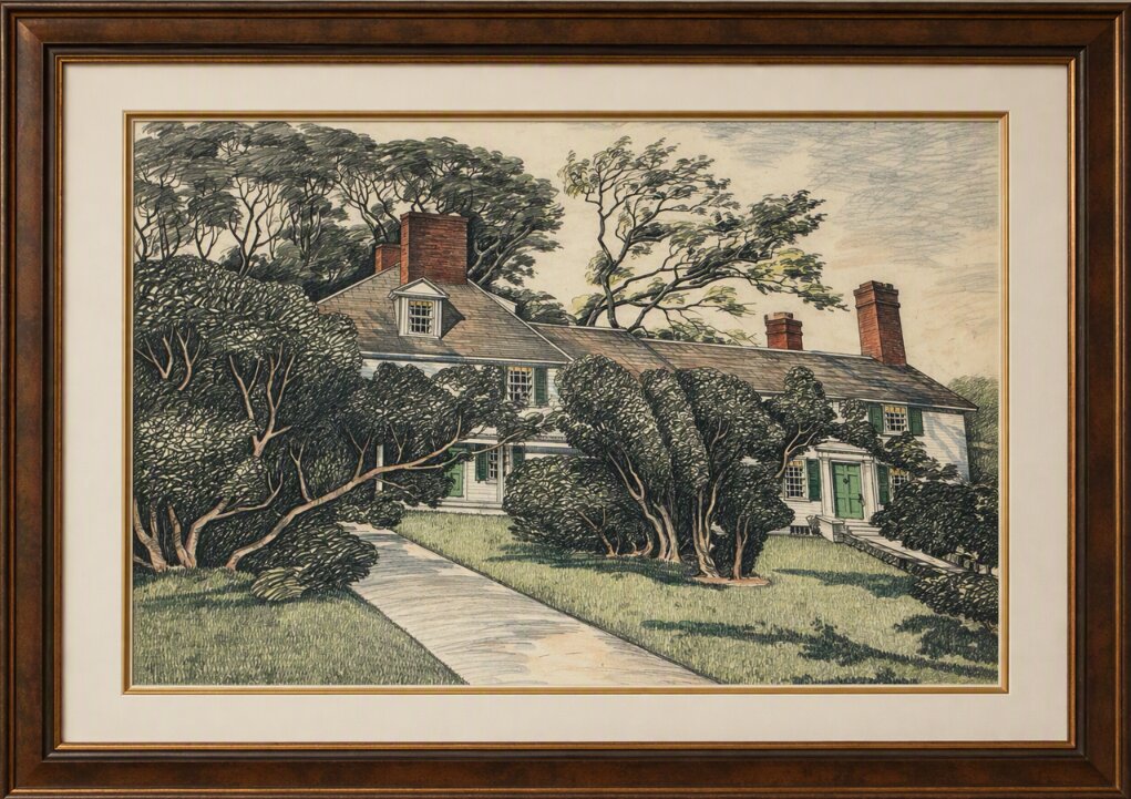 Illustration: watercolor of the Manor House on Shelter Island, painted by John Parker. Credit: Wilma Parker.