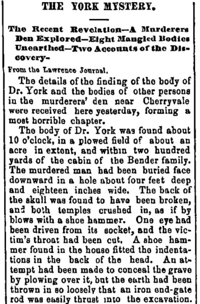 An article about the Bender family murders, Kansas Daily Commonwealth newspaper 9 May 1873