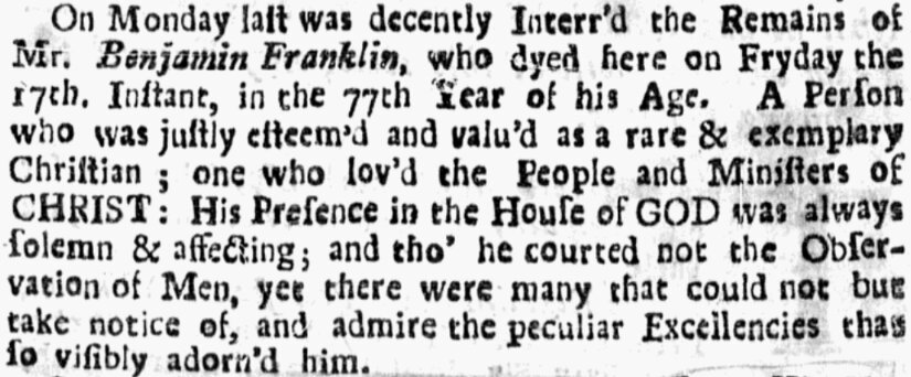 An obituary for Benjamin Franklin, New-England Weekly Journal newspaper 27 March 1727