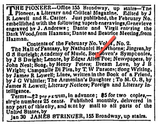 An ad that mentions Edgar Allan Poe, New-York Commercial Advertiser newspaper 1 February 1843