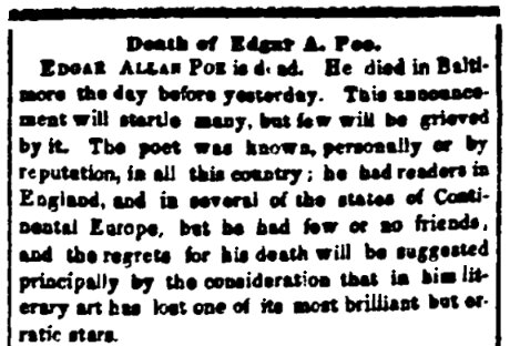 An article about Edgar Allan Poe, New-York Daily Tribune newspaper 9 October 1849