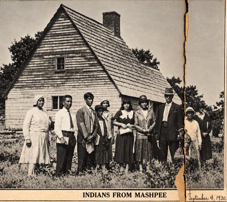 Photo: Mashpee Wampanoag Tribe members attending the 1930 dedication of the replica of the Aptucxet Trading Post. Credit: New Bedford Library Scrapbook Collection.