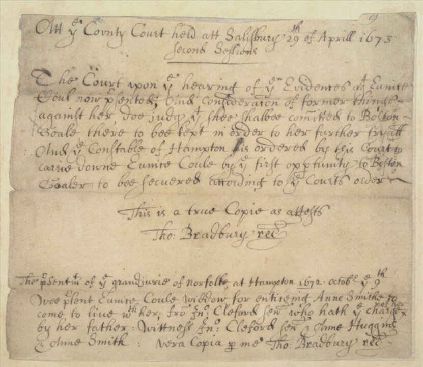 Photo: court record for the witchcraft prosecution of Eunice Cole in 1673. Credit: Massachusetts Archives Collection, Vol. 135, No. 9.