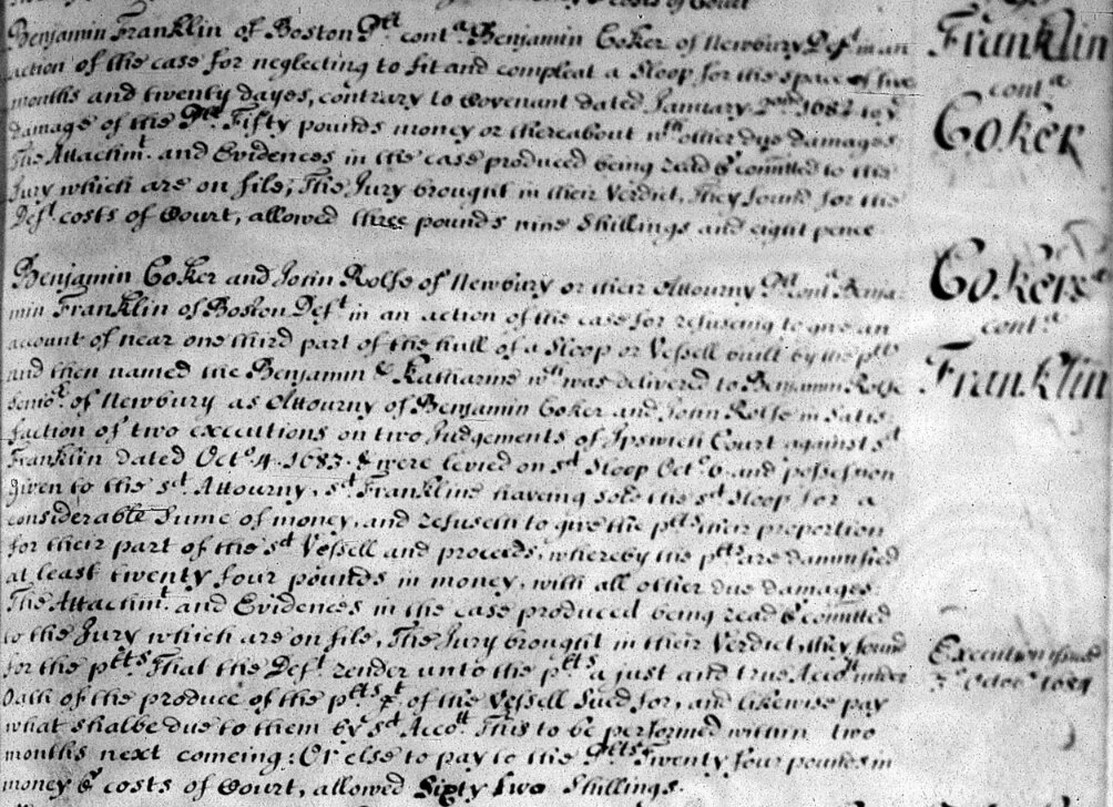 Photo: Cocker v. Franklin Suffolk Court record. Credit: Massachusetts Archives.