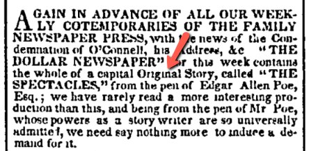 An ad for an Edgar Allan Poe story, Public Ledger newspaper 29 March 1844