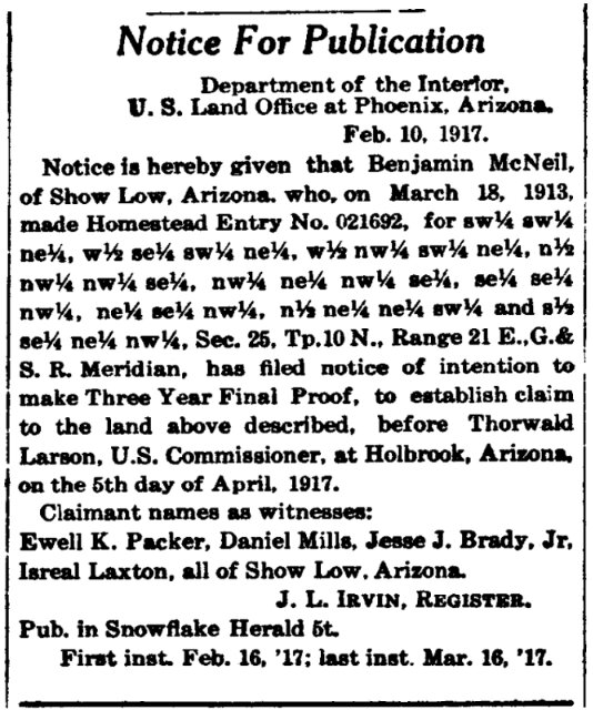An article about Benjamin McNeil, Snowflake Herald newspaper 16 February 1917