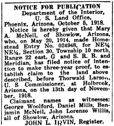 An article about Mary McNeil, Snowflake Herald newspaper 8 November 1918