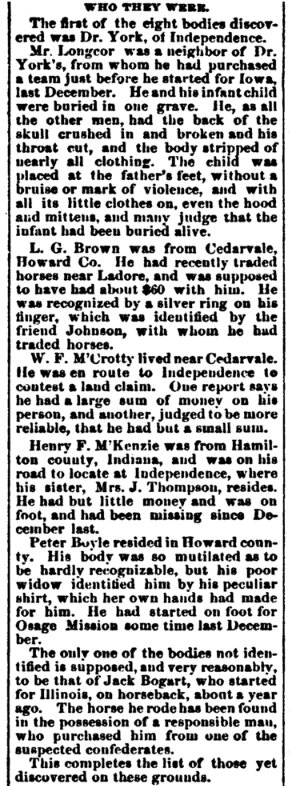 An article about the victims of the Bender family murders, Wichita City Eagle newspaper 22 May 1873