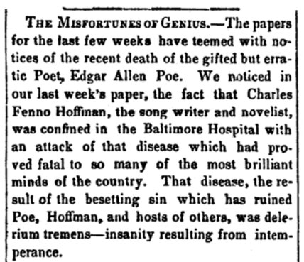 An article about Edgar Allan Poe, Wilmington Journal newspaper 2 November 1849