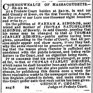 Simonds Name Change Record – Salem Register, Salem, Massachussets Aug 8th, 1870